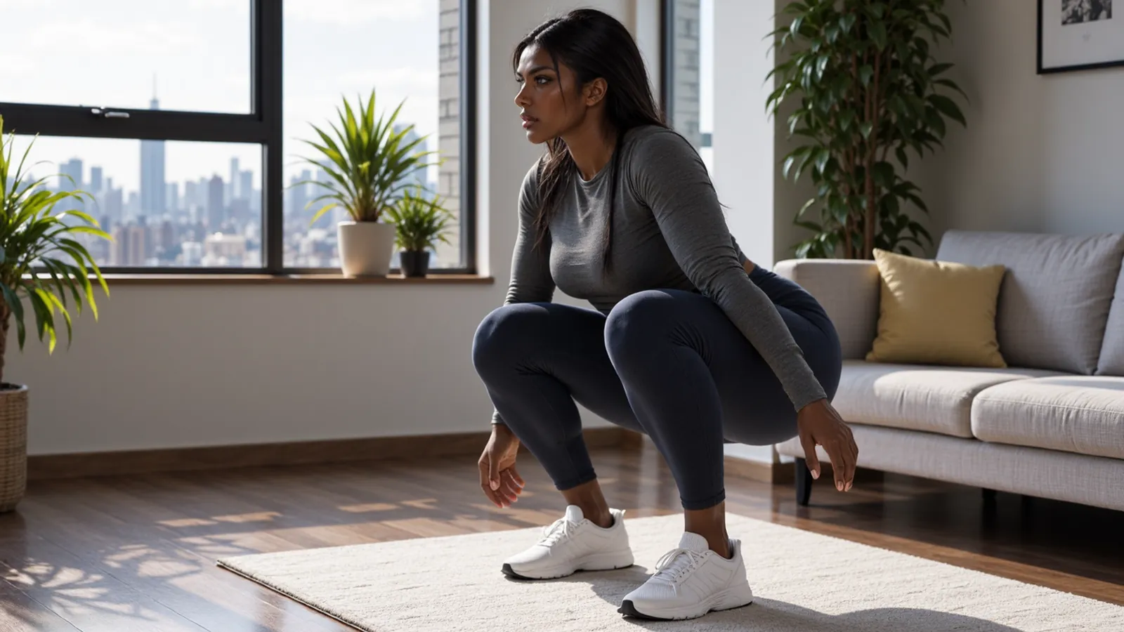 Девушка в серой кофте и синих леггинсах делает приседание в квартире